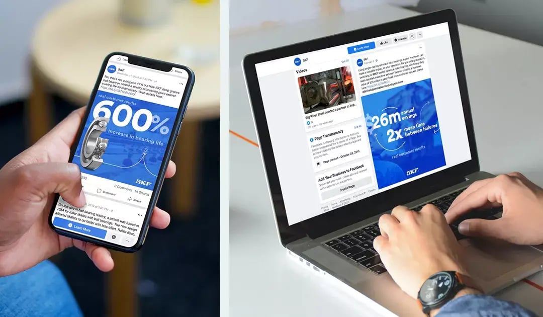 SKF digital campaign features bearing photography, industrial applications and data-driven performance messaging.