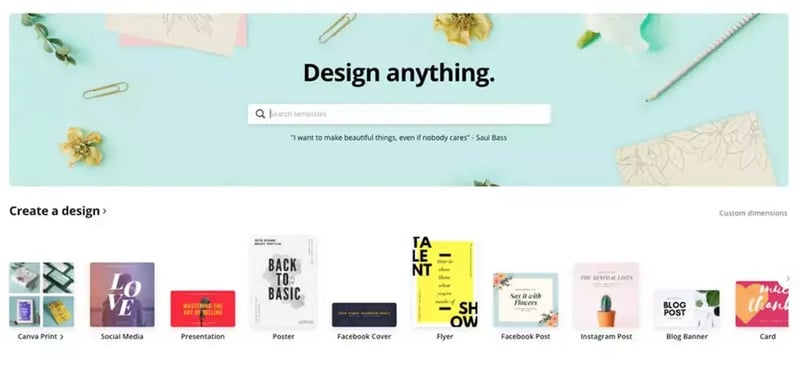 Canva homepage featuring a “Design anything” search bar and template categories for social media, presentations, posters, flyers, and more.