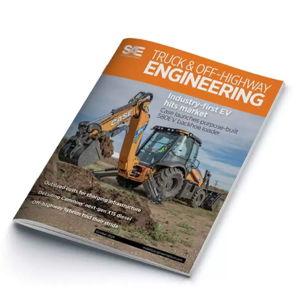 SAE Truck & Off-Highway Engineering cover features a CASE 580EV electric backhoe loader digging at a jobsite.