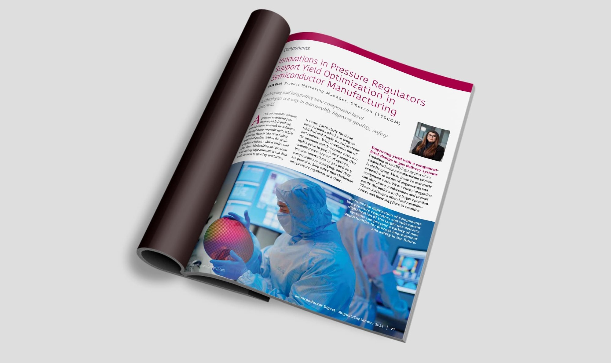 Semiconductor Digest article on pressure regulator innovations for improving yield, with a technician holding a semiconductor wafer.