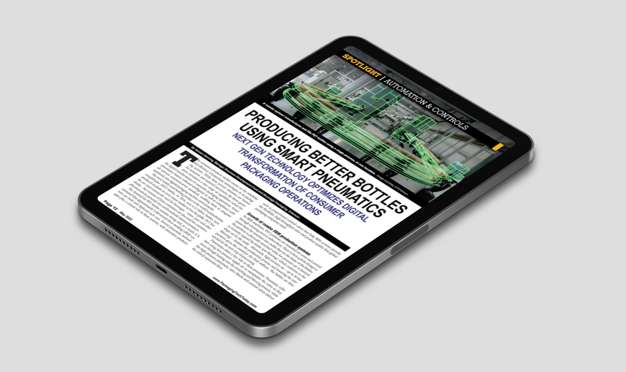 Tablet displaying an article on smart pneumatics and next-generation technology for improving consumer packaging operations.