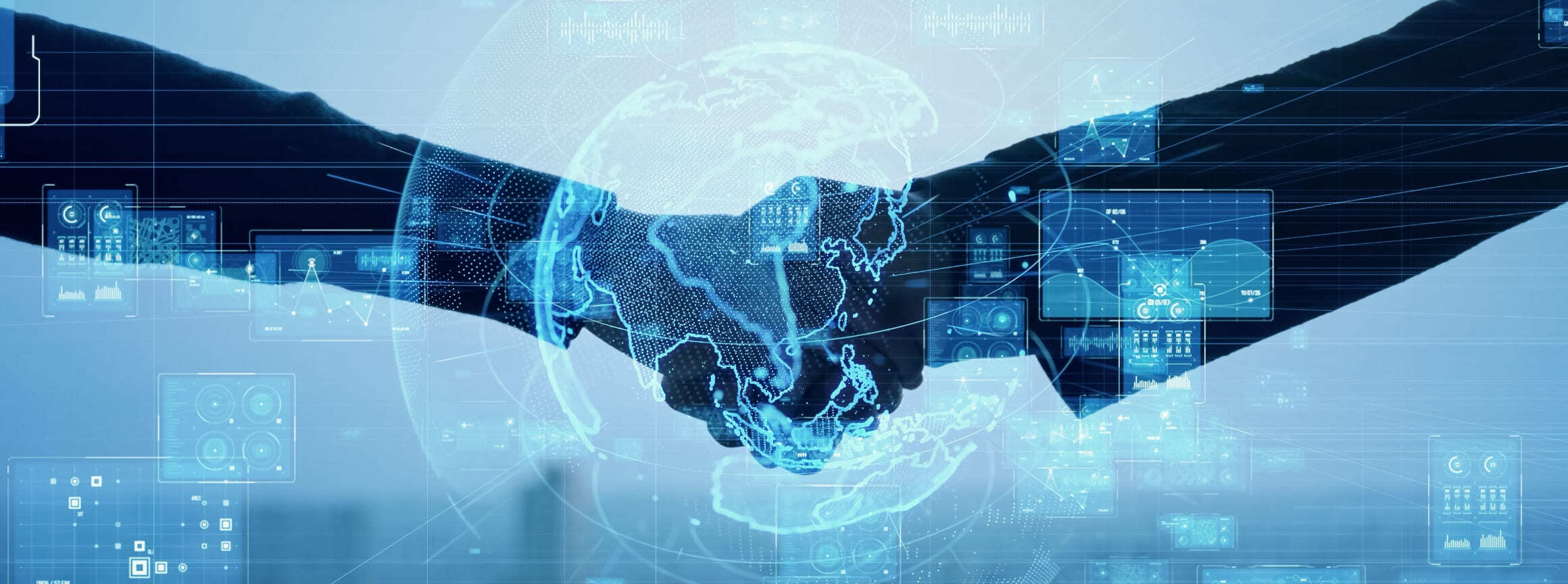Handshake overlaid with a digital globe, data dashboards and network graphics, representing global technology and connected partnerships.