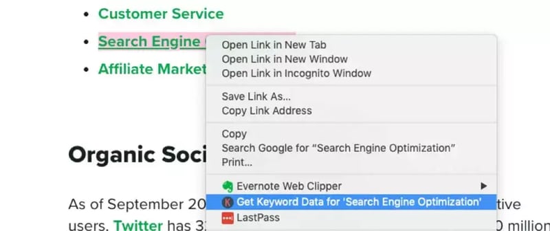 Browser context menu highlights “Get Keyword Data for ‘Search Engine Optimization’” on a webpage, demonstrating a keyword research tool.