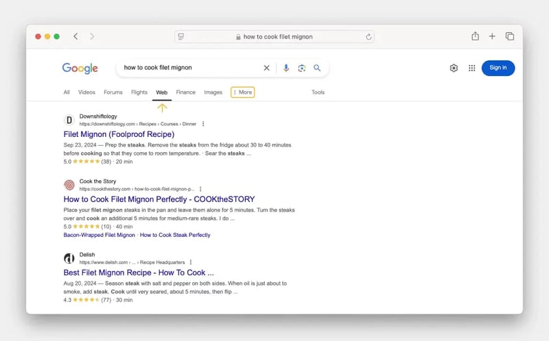 google-web-filterGoogle search results for “how to cook filet mignon,” showing recipe links and the Web search tab highlighted.