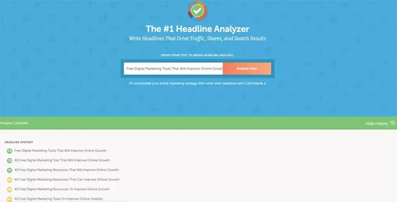 CoSchedule Headline Analyzer evaluates a digital marketing headline, displaying a score of 73 and a history of alternative headline scores.