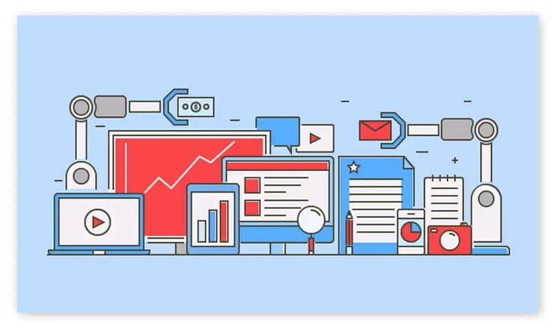 Illustration of digital marketing tools, including analytics dashboards, video, email, documents, mobile devices, and robotic arms.