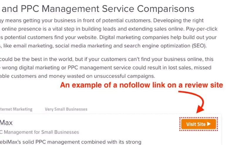 Screenshot of a PPC management review page highlighting an orange “Visit Site” button as an example of a nofollow link.
