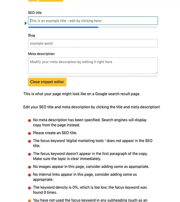 SEO snippet editor showing fields for title, slug, and meta description, with warnings about missing keywords, links, images, and metadata.