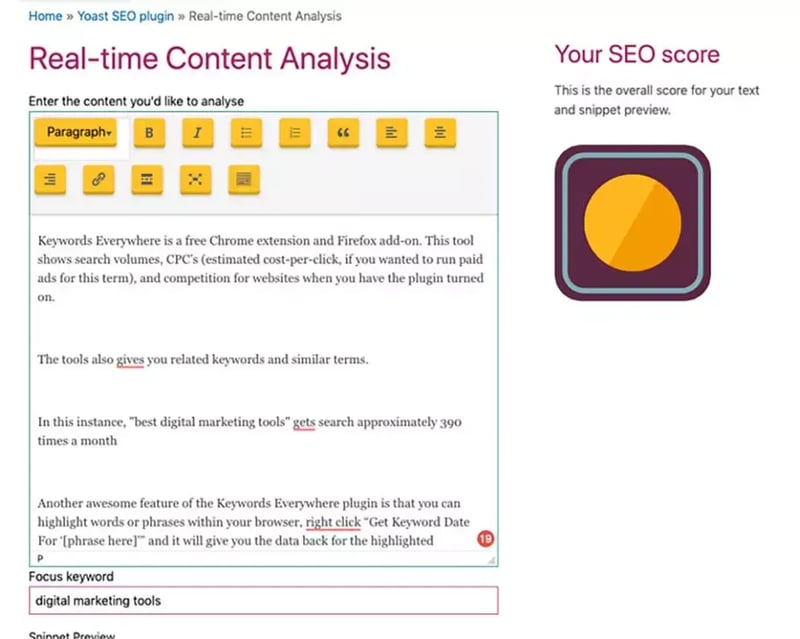 Yoast SEO Real-time Content Analysis displays article text, the focus keyword “digital marketing tools,” and an orange SEO score.