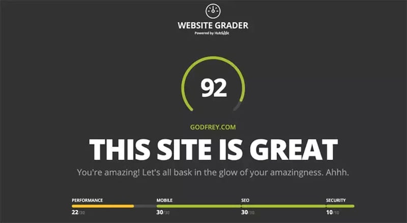 HubSpot Website Grader gives Godfrey.com a score of 92, with 22/30 for performance, 30/30 mobile, 30/30 SEO, and 10/10 security.