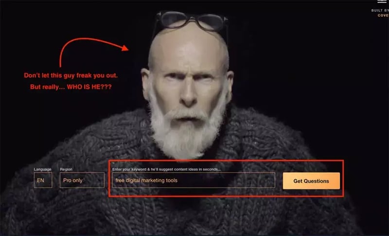 Keyword research tool screen with a bearded man and a search field for “free digital marketing tools,” prompting users to generate content questions.