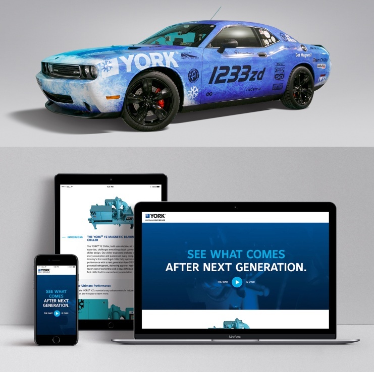 YORK® branded race car and responsive digital campaign displayed across laptop, tablet and smartphone screens.