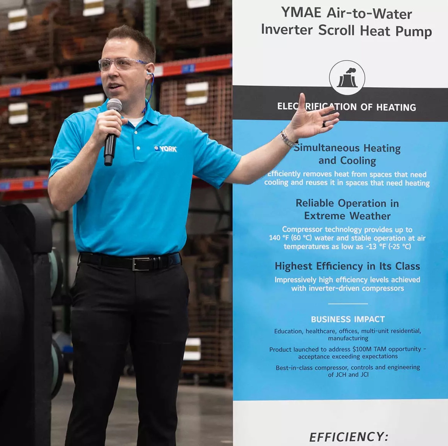 YORK presenter discusses the YMAE air-to-water inverter scroll heat pump and its efficient simultaneous heating and cooling capabilities.
