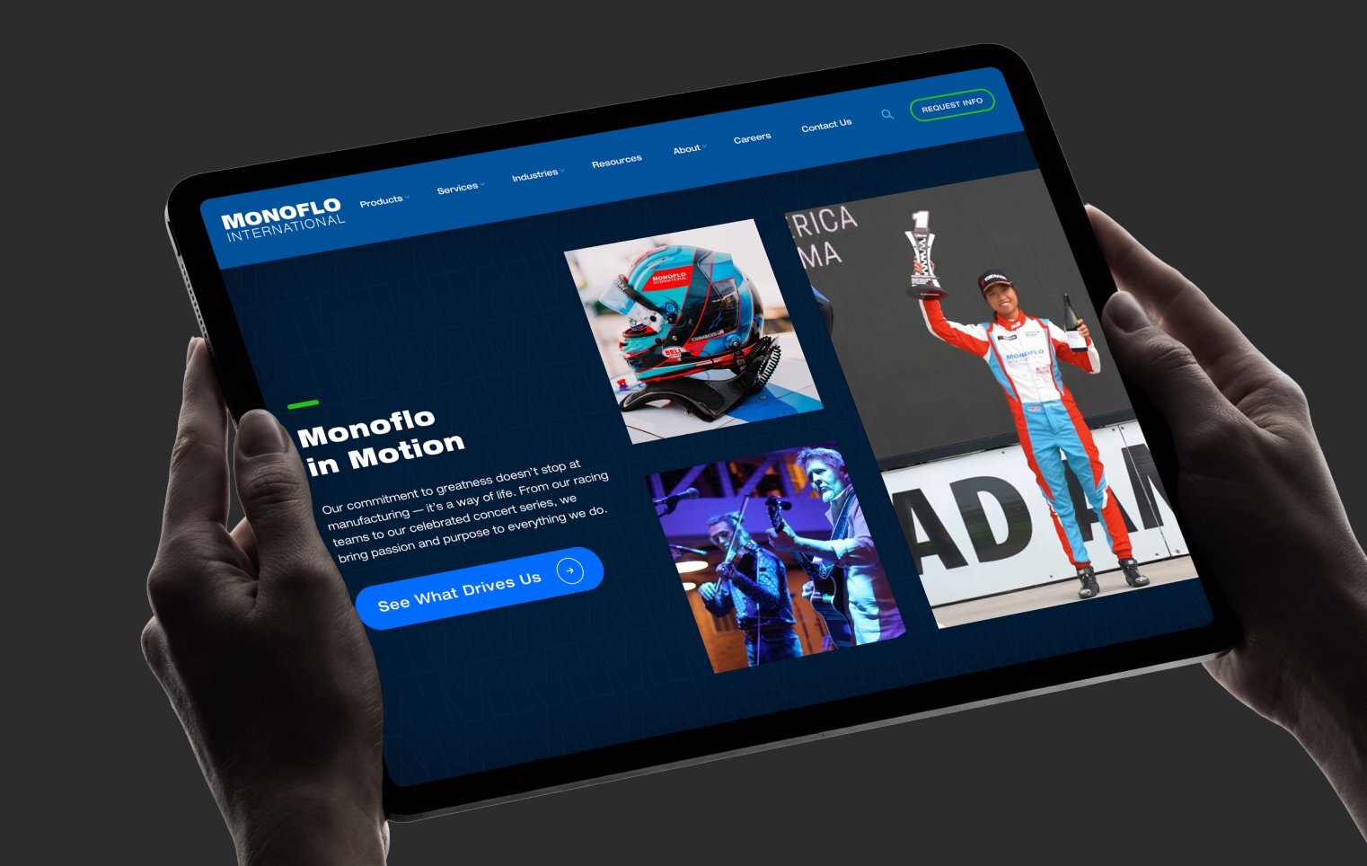 Monoflo in Motion webpage highlights the company’s racing sponsorship and concert series with images of a race car driver and musicians.