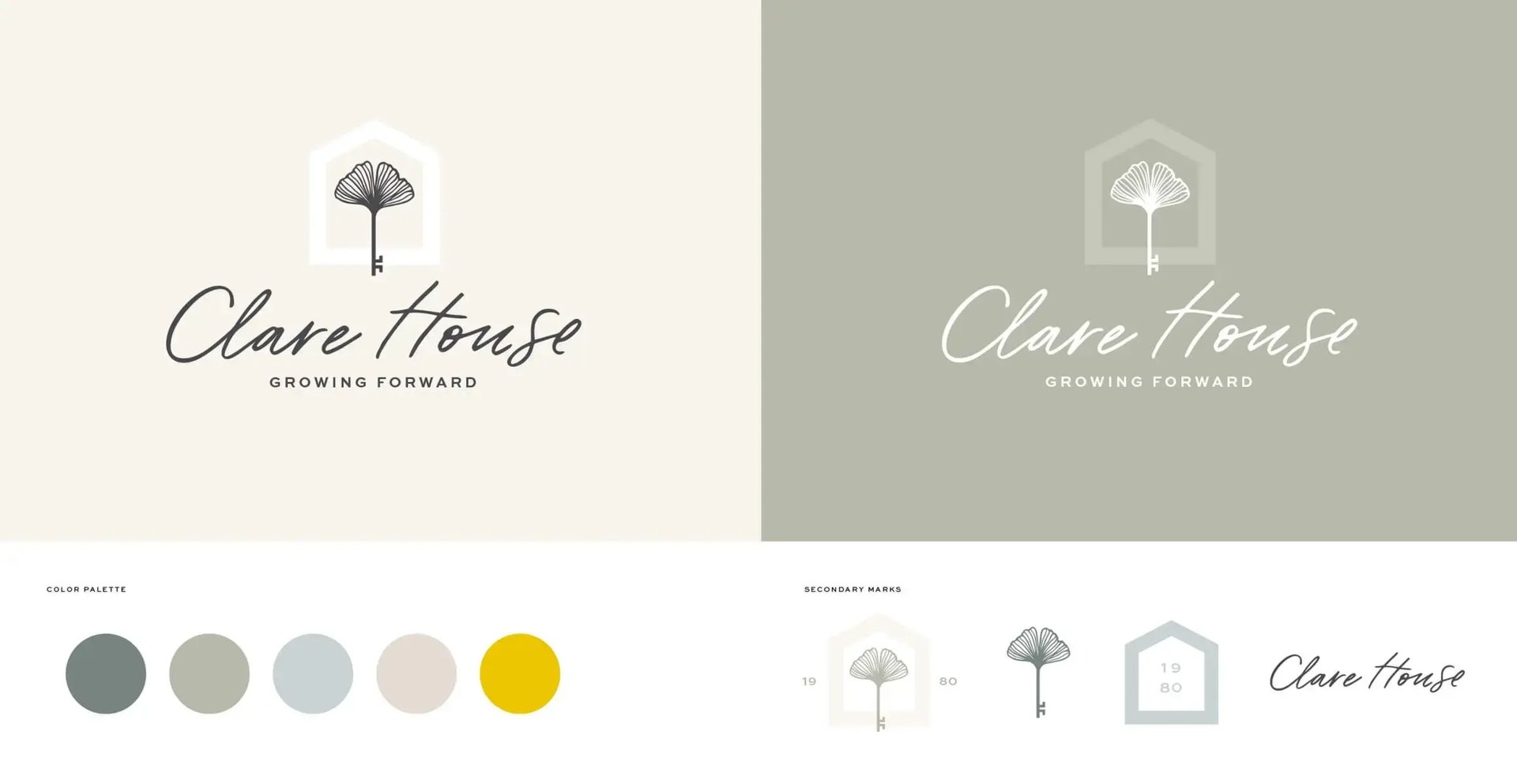 Clare House brand identity featuring primary logos, a soft neutral color palette and secondary marks inspired by growth, shelter and support.