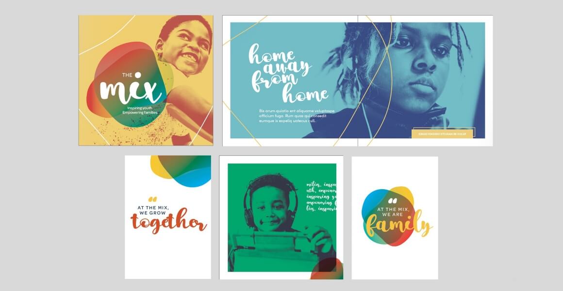 The Mix brand identity features colorful youth photography, inspirational messaging and graphics designed to reflect empowerment and community.