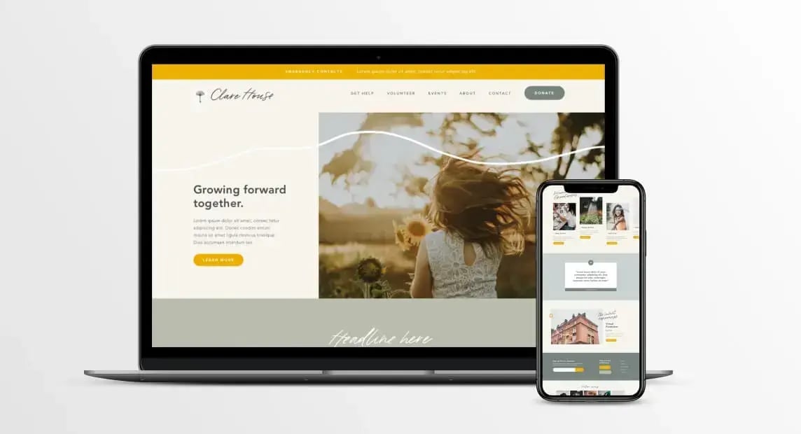 Clare House responsive website displayed on a laptop and smartphone, featuring warm photography, supportive messaging and donation options.