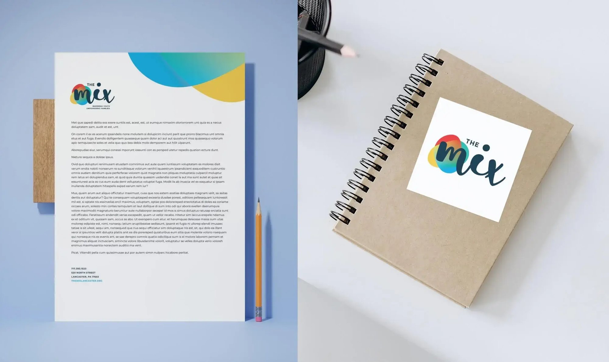 The Mix branded stationery includes a letterhead and notebook featuring the organization’s colorful logo and refreshed visual identity.