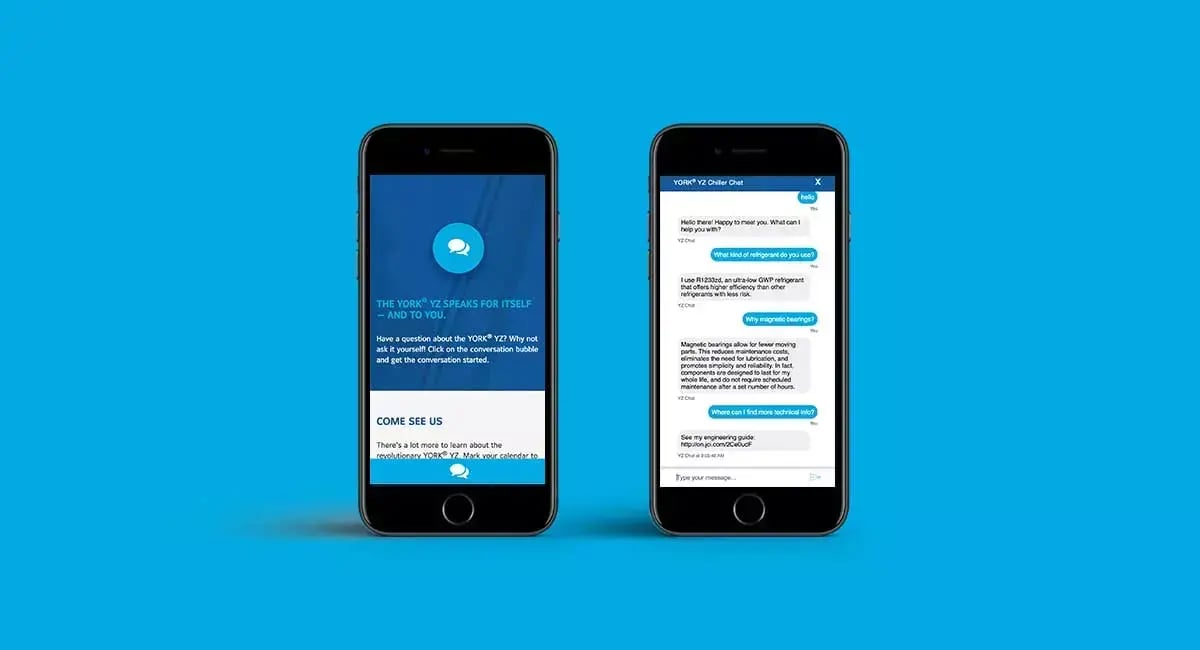YORK YZ chiller chatbot displayed on a smartphone, allowing users to ask questions and explore product information.