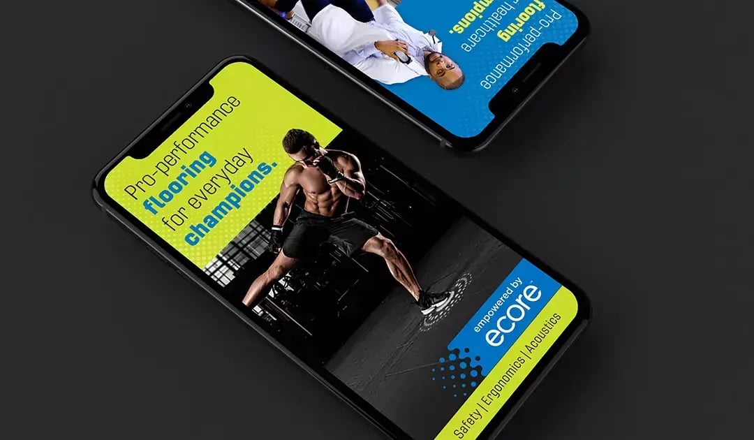 Smartphones display Ecore ads featuring athletes and pro-performance flooring for everyday champions.