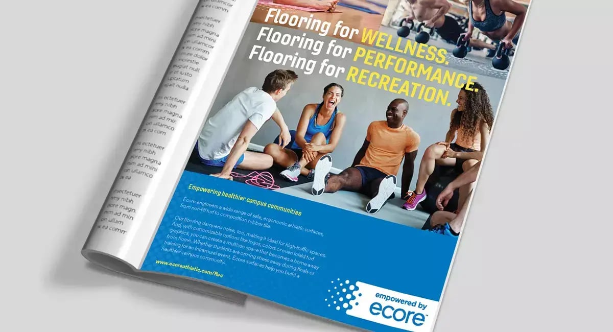 Ecore print ad shows four athletes seated on a gym floor with wellness, performance and recreation messaging.