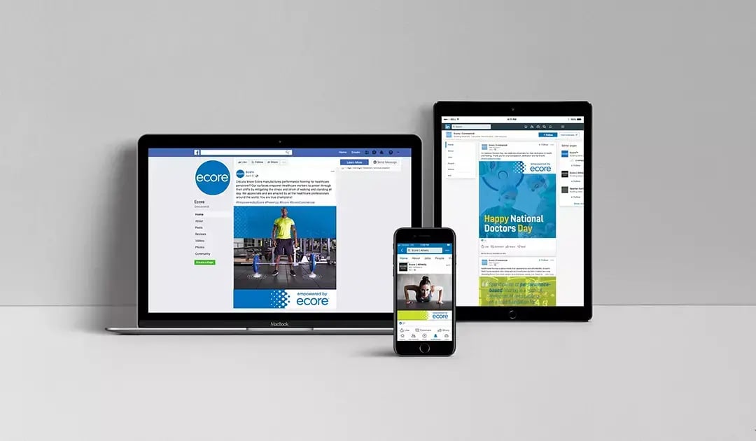 Laptop, tablet and smartphone display Ecore social media posts featuring athletes and healthcare professionals.