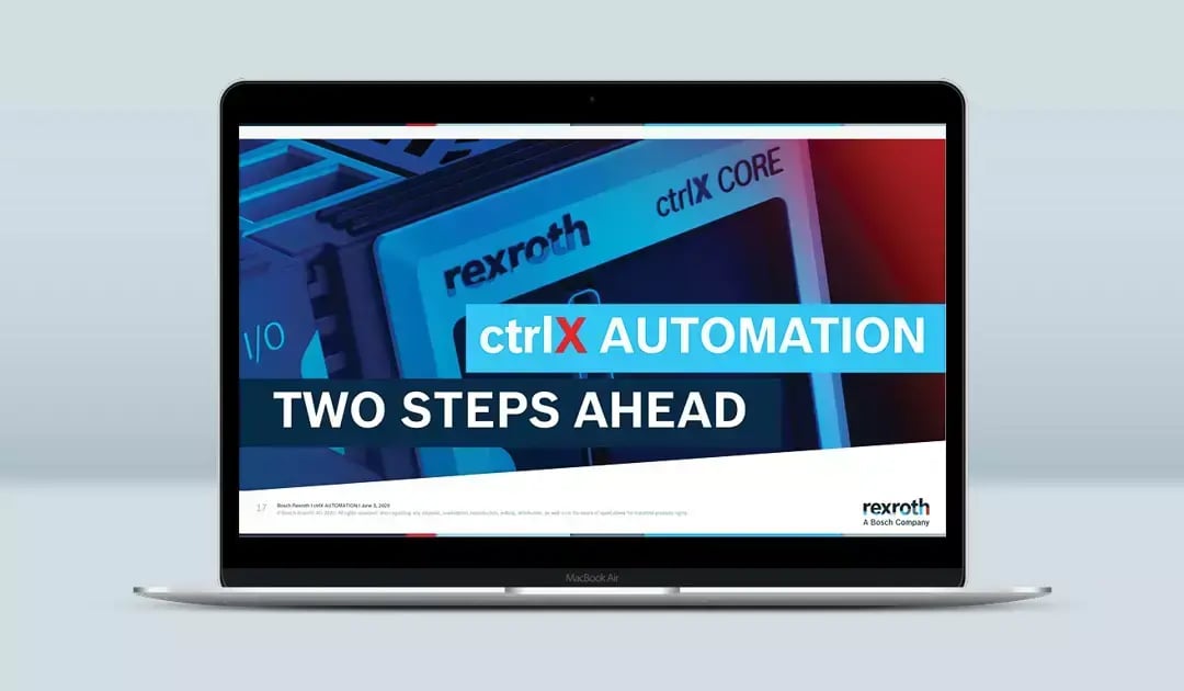 Laptop displays Bosch Rexroth ctrlX Automation presentation with “Two Steps Ahead” messaging.