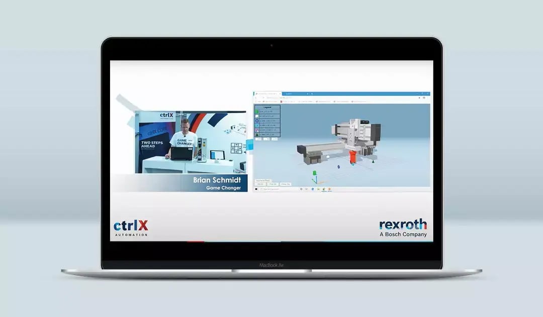 Laptop shows a Bosch Rexroth presenter demonstrating a 3D model of industrial automation equipment.