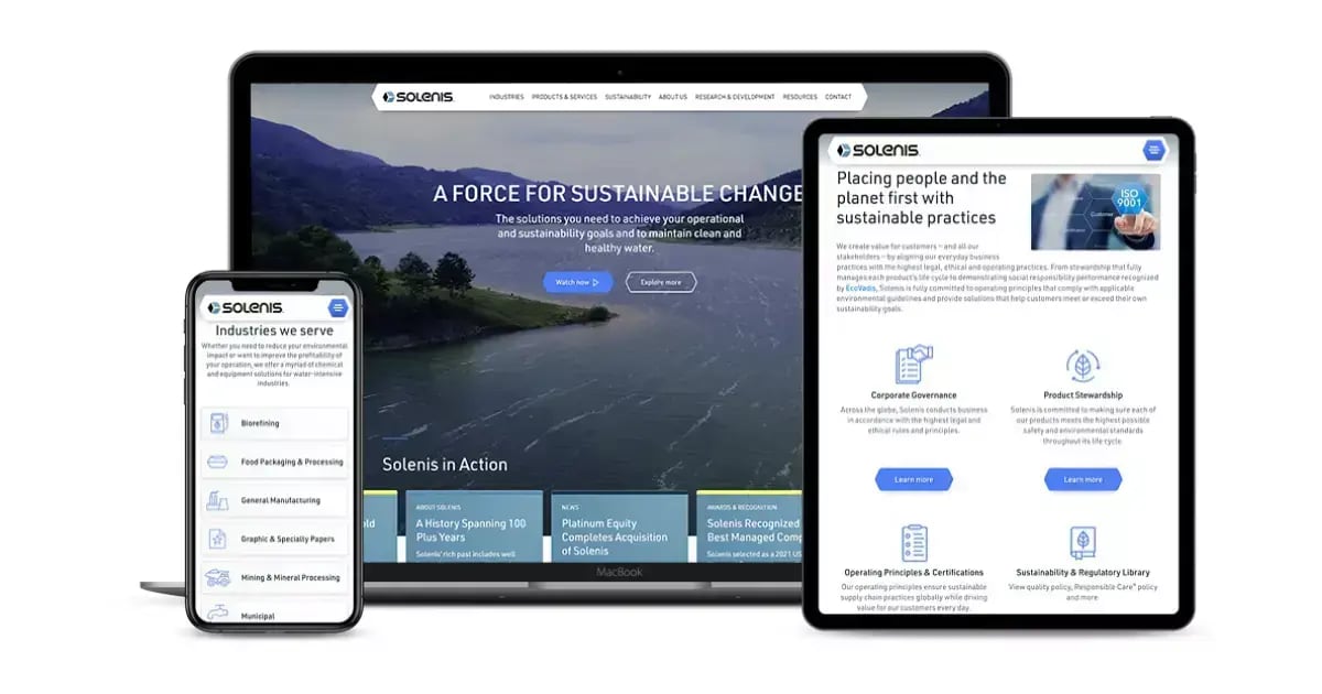 Solenis website displayed on a laptop, tablet and smartphone with sustainability and industry content.