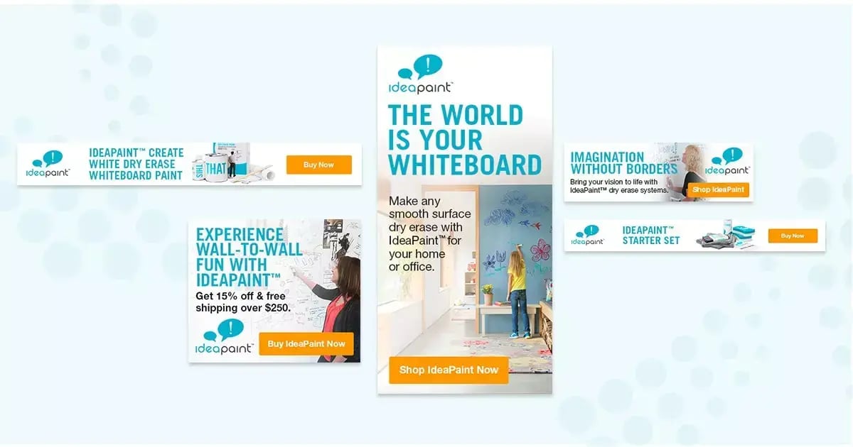 IdeaPaint digital ads feature whiteboard paint applications, product imagery and colorful calls to action.