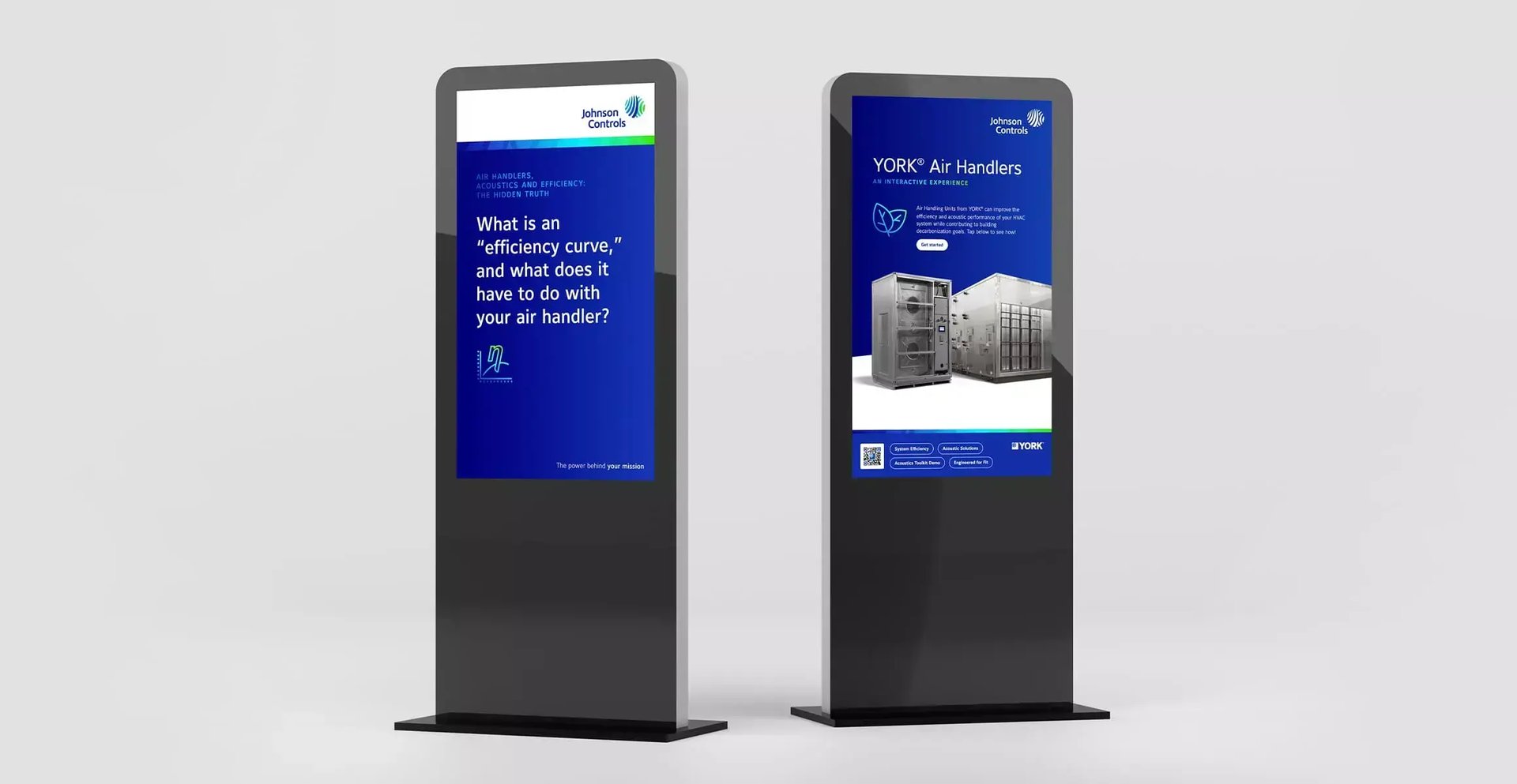 Johnson Controls YORK air handler trade show displays featuring teaser questions and an interactive product experience for attendees.