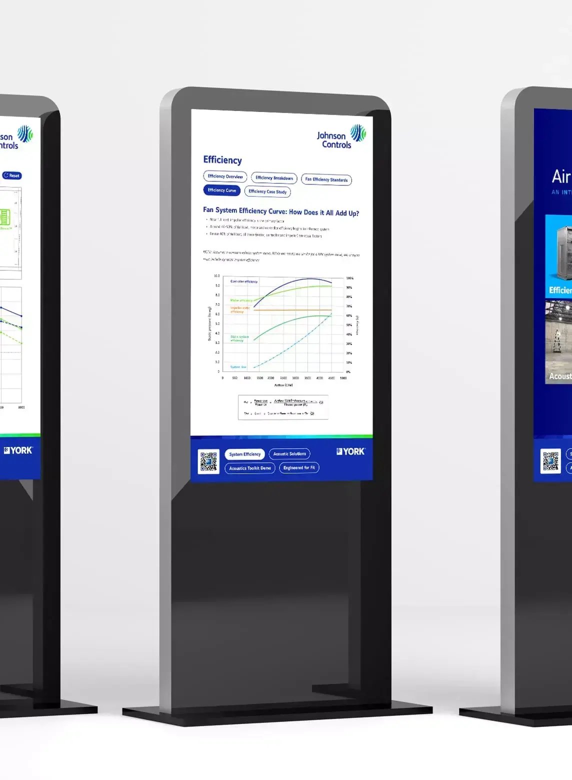 Johnson Controls interactive trade show display showing YORK air handler efficiency data, charts and navigation for customer engagement.