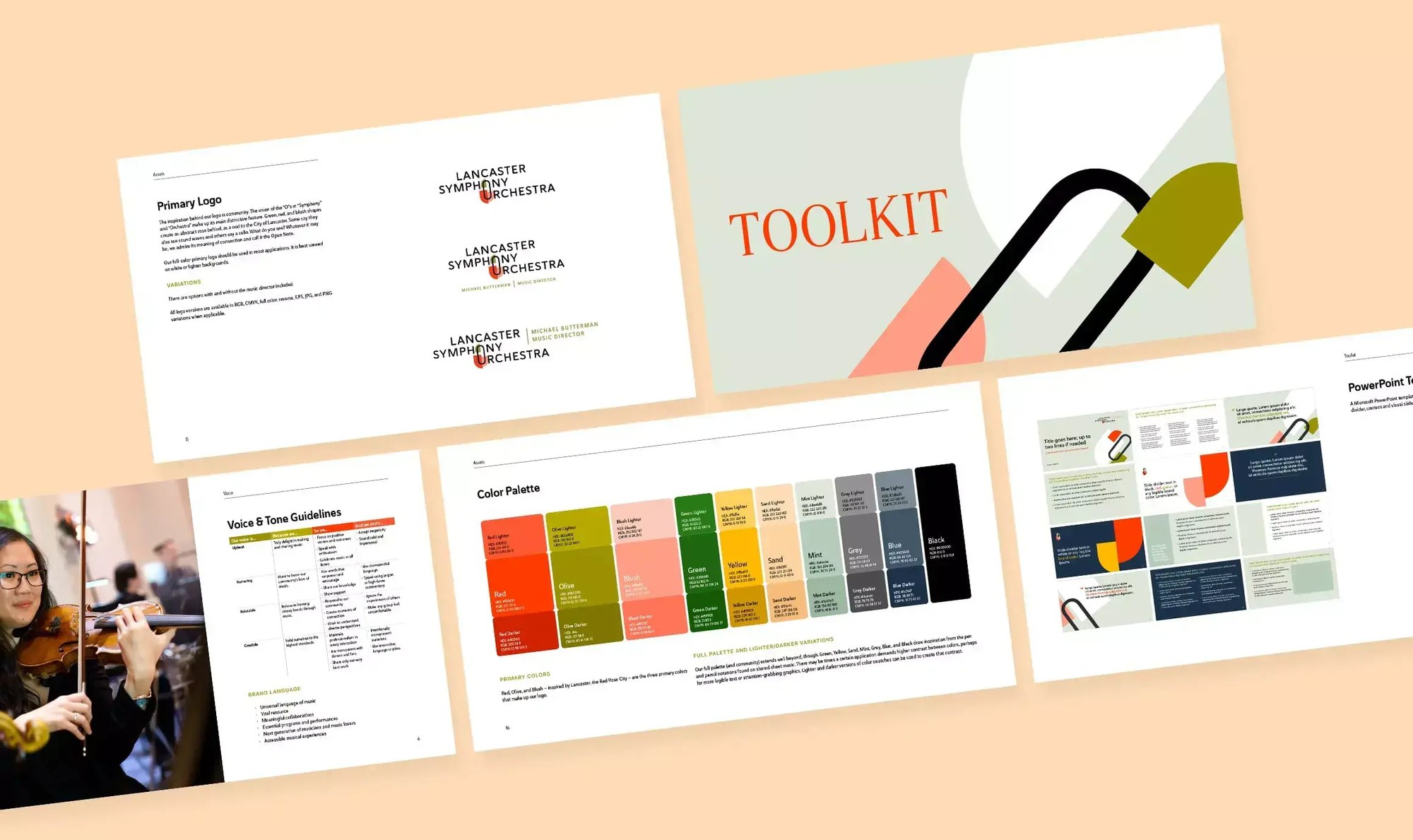 Lancaster Symphony Orchestra brand guide displays the new logo, color palette, voice guidelines and visual identity toolkit.