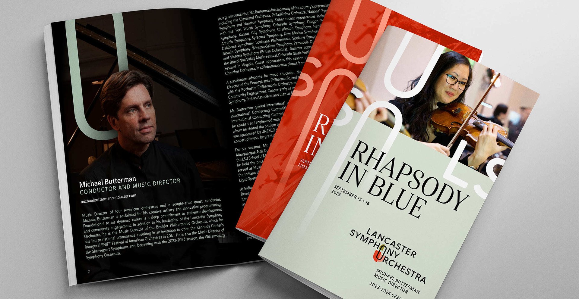Lancaster Symphony Orchestra concert programs feature the refreshed visual identity, colorful graphics and musician photography.