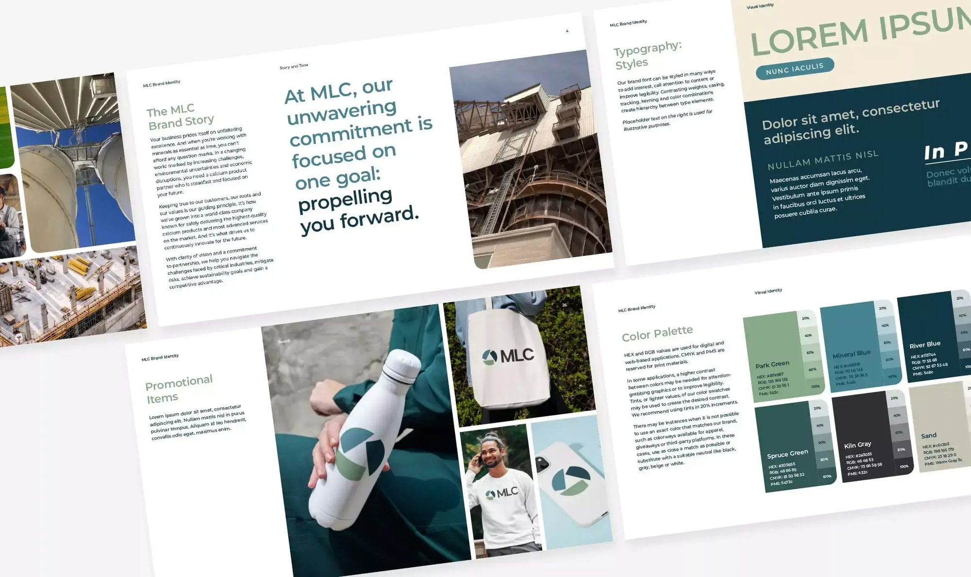 MLC brand guide displays the new logo, typography, color palette, industrial photography and promotional items.