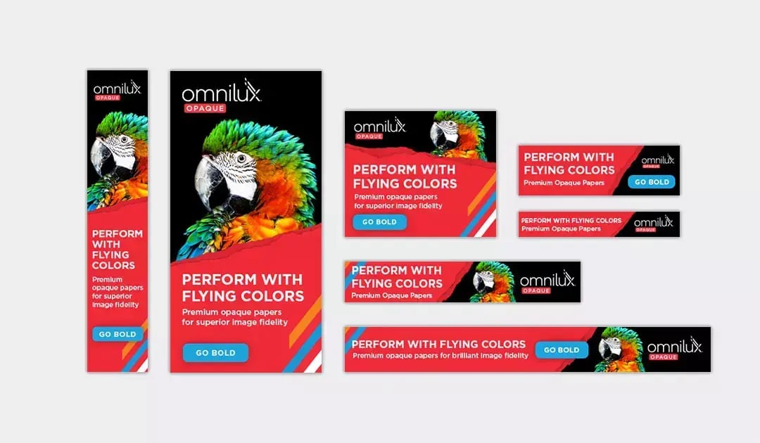 Omnilux digital ads feature colorful parrot imagery and Perform With Flying Colors campaign messaging.