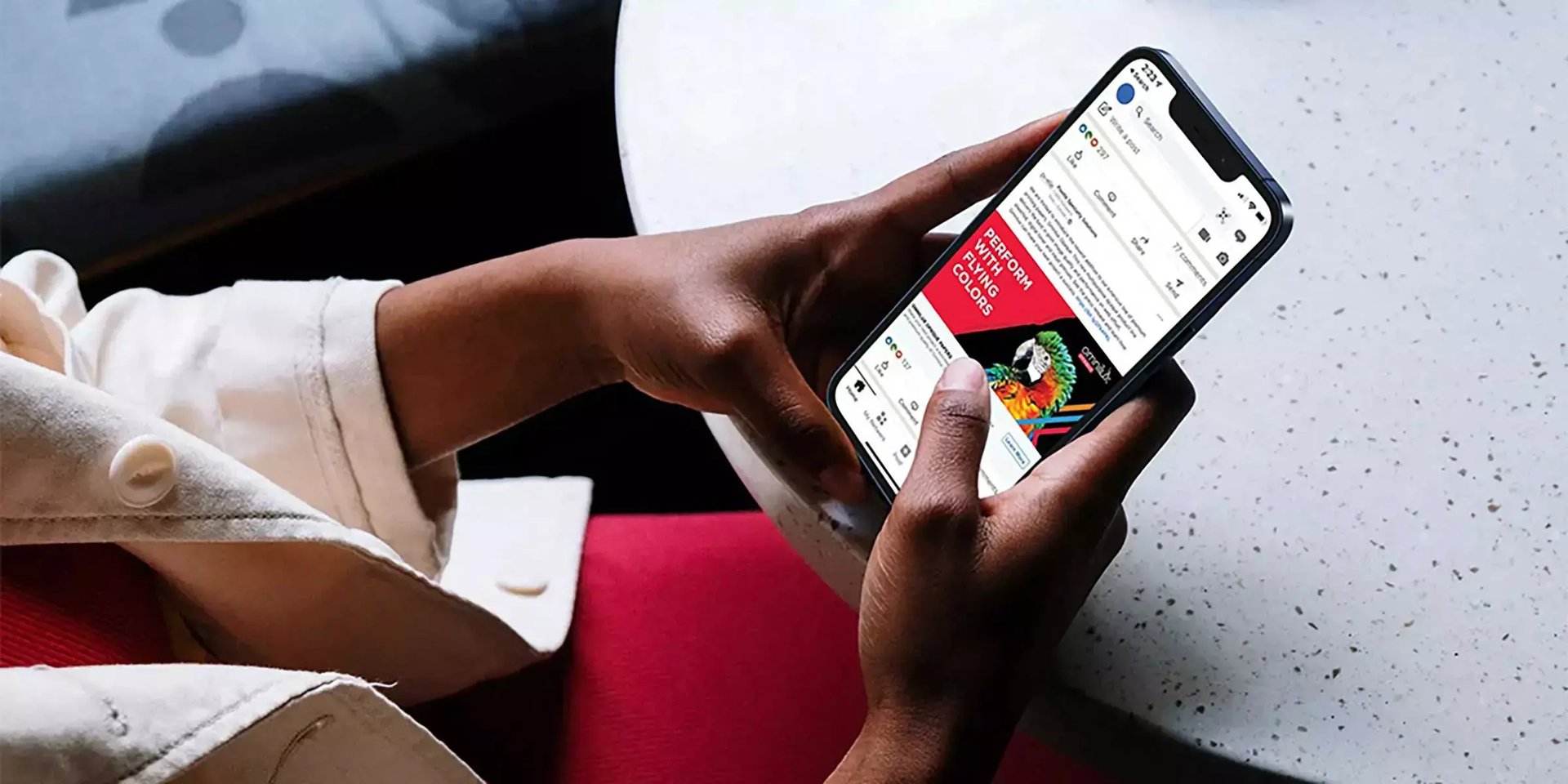 Person holds a smartphone displaying a colorful Omnilux Opaque paper advertisement featuring a parrot.