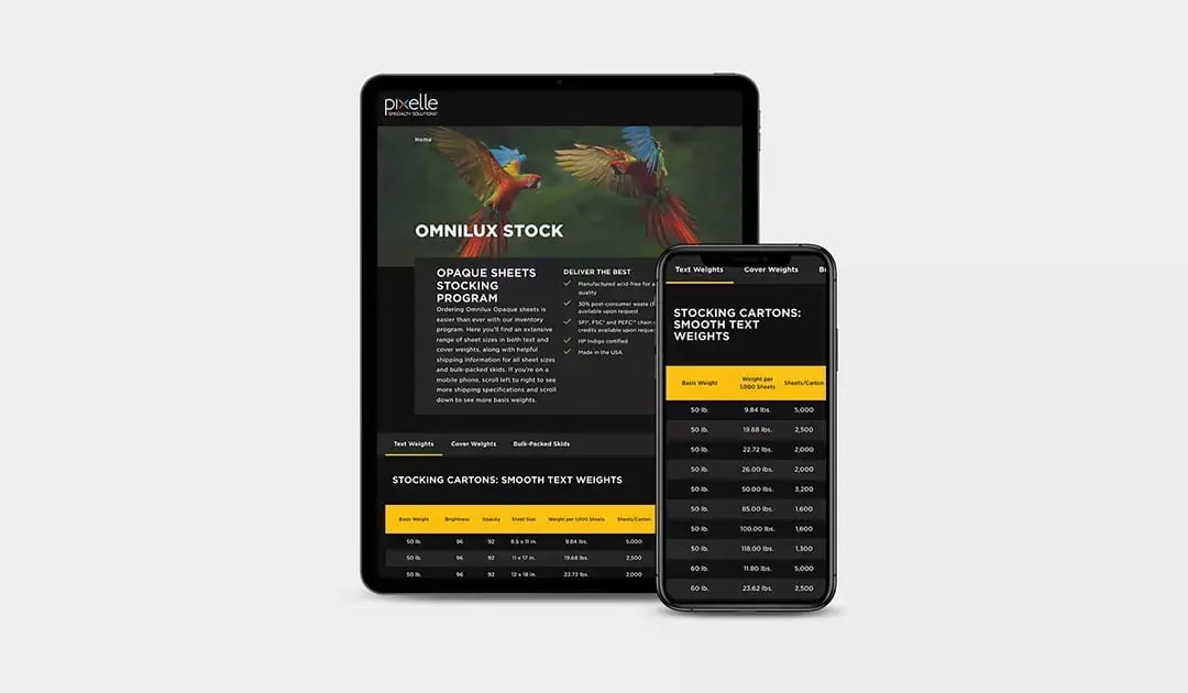 Tablet and smartphone display the Omnilux stock page with opaque paper weights and stocking information.