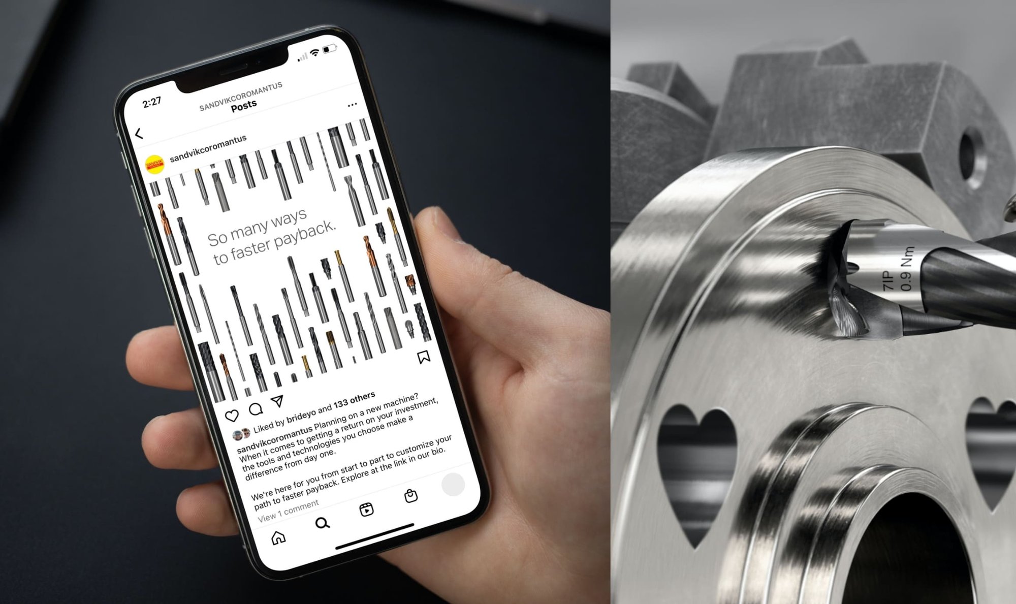 Hand holds a phone showing a Sandvik Coromant post about faster payback, beside a close-up of a cutting tool machining metal.