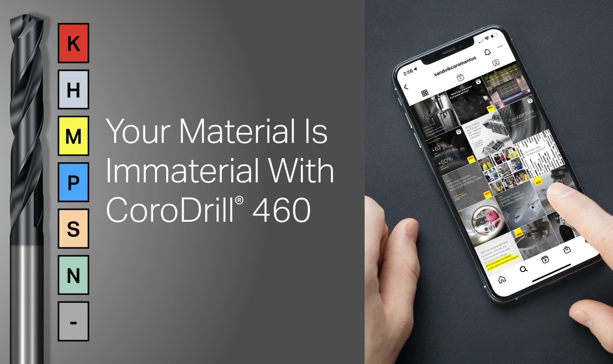 CoroDrill 460 graphic lists material categories beside a drill, paired with a phone displaying Sandvik Coromant social content.