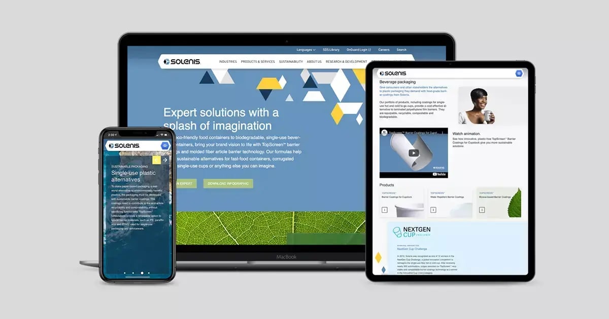 Solenis sustainable packaging website displayed across a laptop, tablet and smartphone.