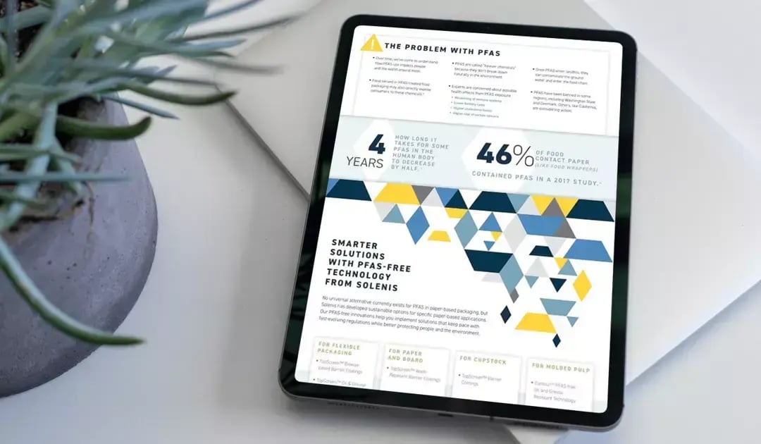 Tablet displays a Solenis infographic about PFAS in food packaging and PFAS-free barrier coating solutions.