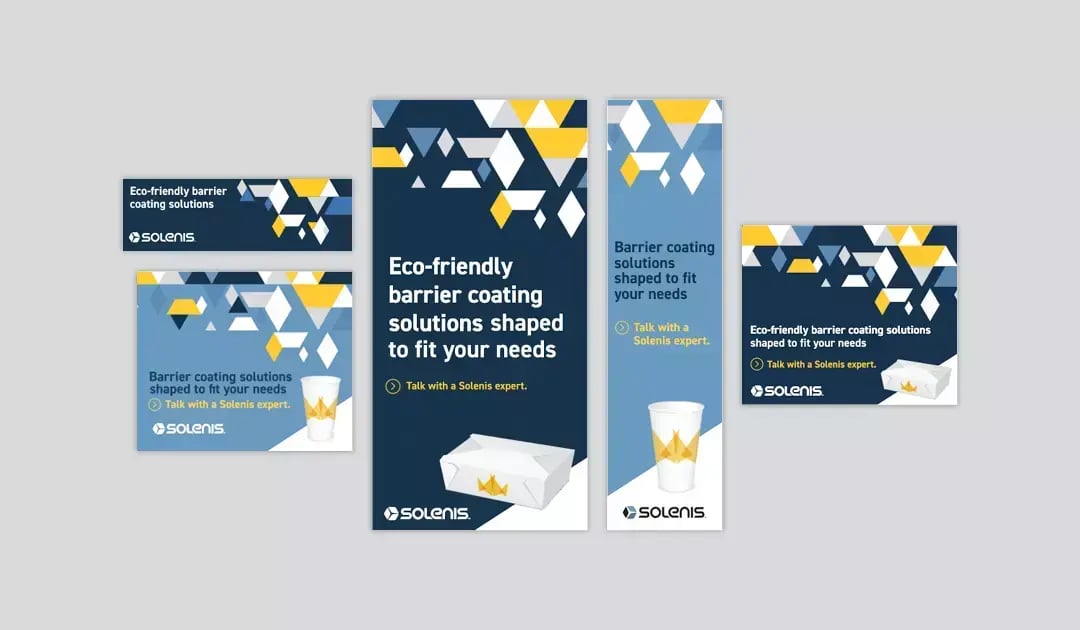Solenis digital ads feature eco-friendly barrier coating solutions with branded cups and food containers.