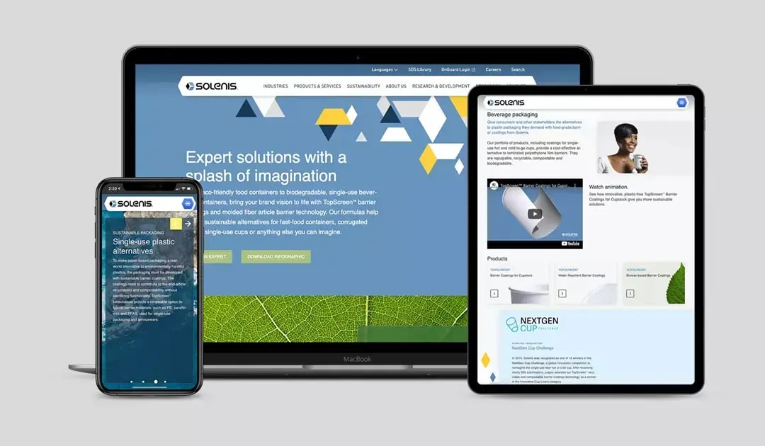 Solenis sustainable packaging website shown on a laptop, tablet and smartphone with responsive layouts.