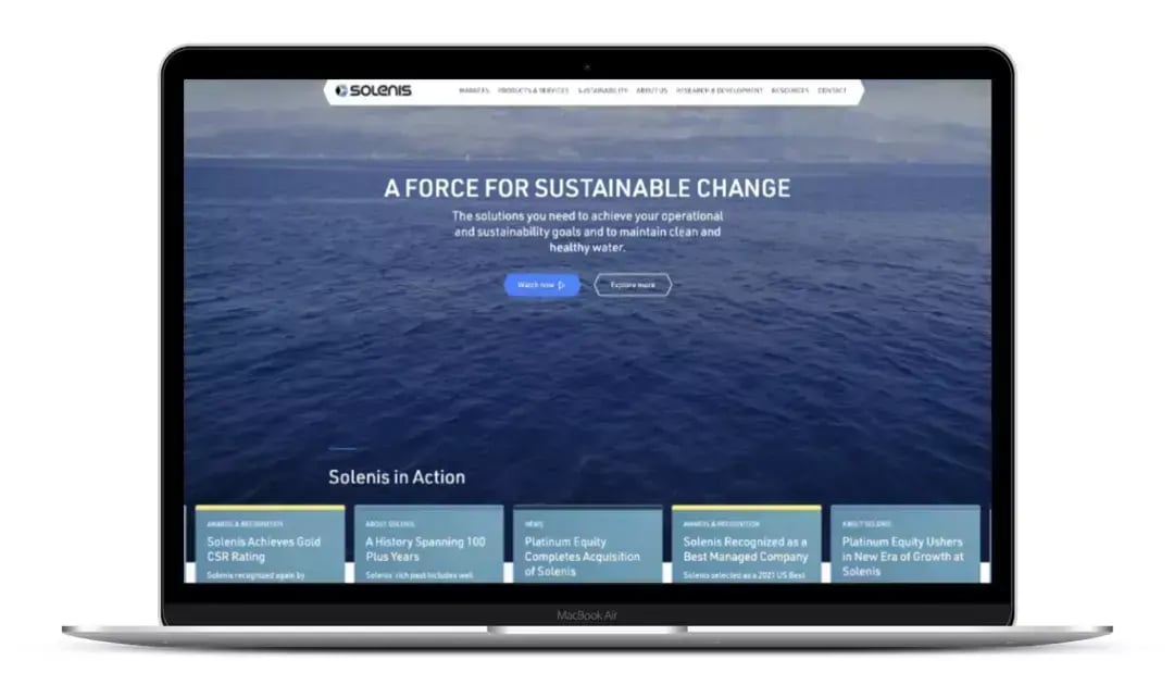 Laptop displays the Solenis homepage featuring ocean imagery and the message A Force for Sustainable Change.