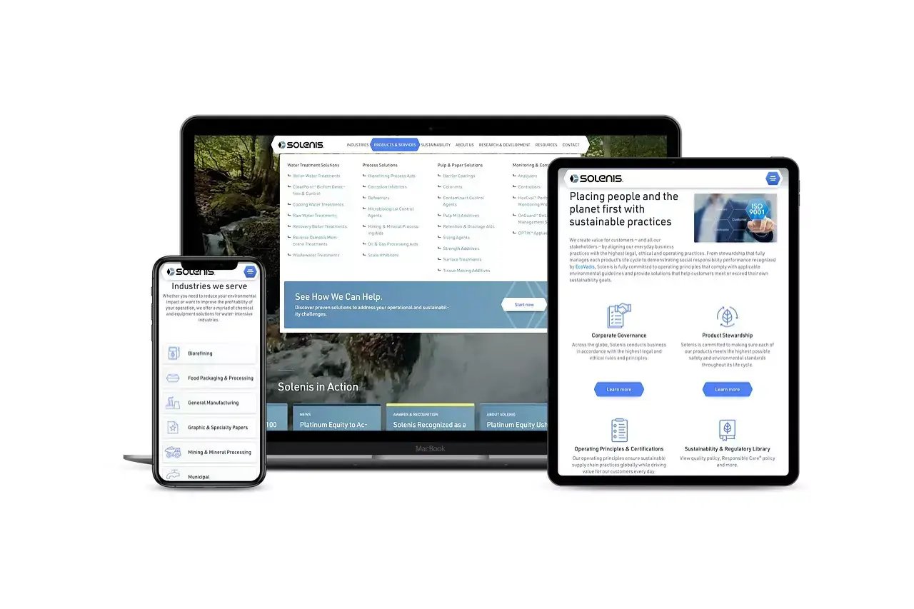 Solenis website shown across laptop, tablet and smartphone screens with industry and sustainability content.