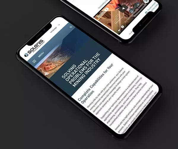 Smartphone displays a Solenis mining webpage featuring industry imagery, product information and branded content.