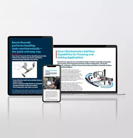 Tablet, smartphone and laptop display Bosch Rexroth articles about Smart MechatroniX factory automation technology.