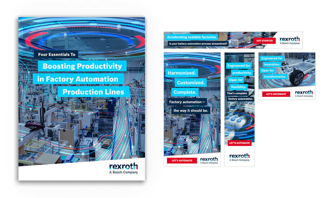 Bosch Rexroth factory automation campaign materials promoting productivity, flexibility and scalable manufacturing solutions.