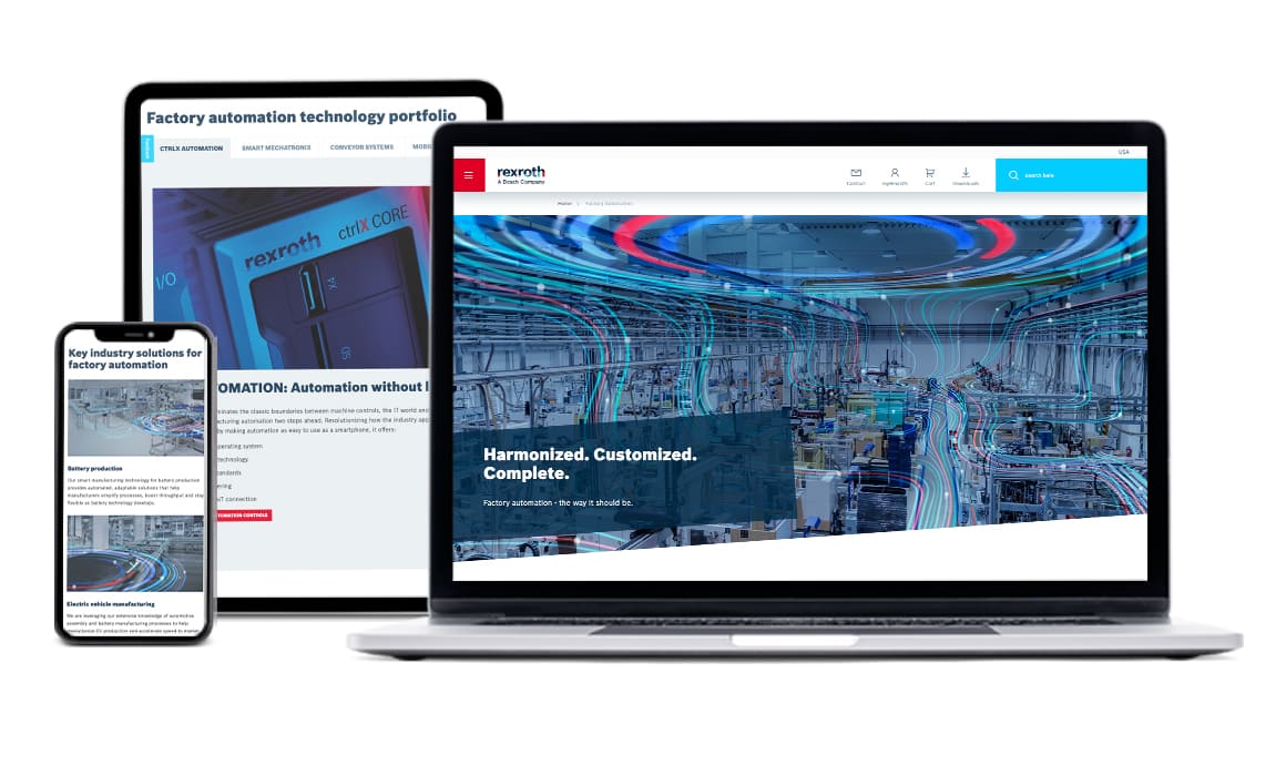 Bosch Rexroth factory automation website displayed responsively across laptop, tablet and smartphone screens.